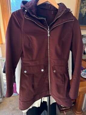 Guess Burgundy Softshell Coat Jacket with Goldtone Hardware